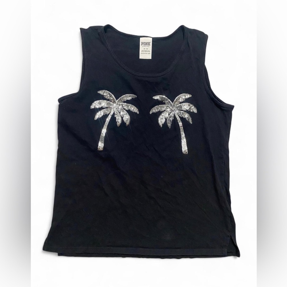 🌴 Pink VS sequin palm tree embellished tank top. Size medium. 100% cotton